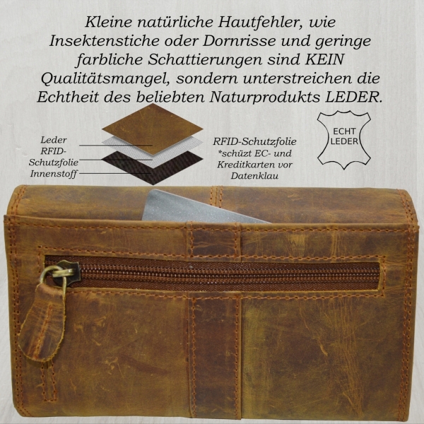 Wasserbüffel Wild Leder Vintage Hand Made Damen Portemonnaie mit RFID Schutz Hellbraun
